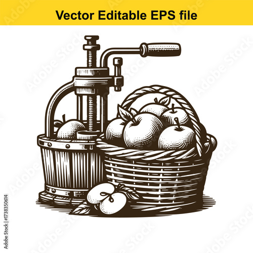 Vector art of vintage apple press with basket of apples