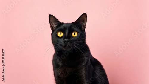 Ethereal minimalist black cat with glowing yellow eyes on soft pastel background captured in a serene setting for artistic inspiration