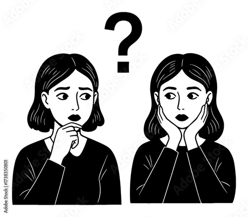 Two Doubtful Women Thinking With Question Mark Above Heads Black and White Outline Line Art Drawing