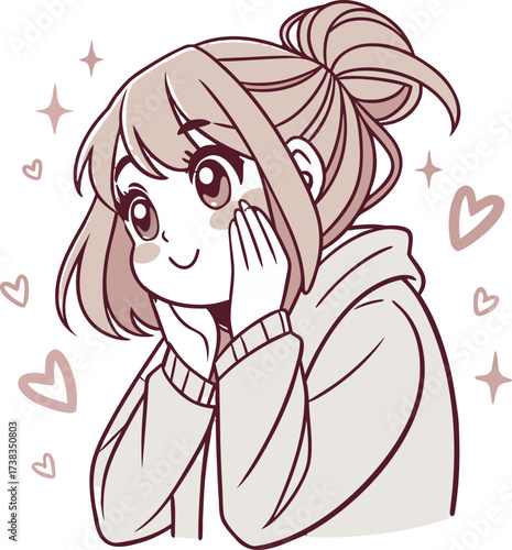 Vector illustration of a cute young woman with light brown hair styled in a loose bun with soft bangs and a few strands framing her face.