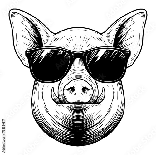 Pig Head Wearing Sunglasses Cool Mascot Concept Vintage Retro Black and White Outline Line Art Drawing