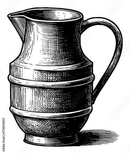 Vintage Metal Water Jug Pitcher Container Black and White Outline Line Art Drawing Isolated Object