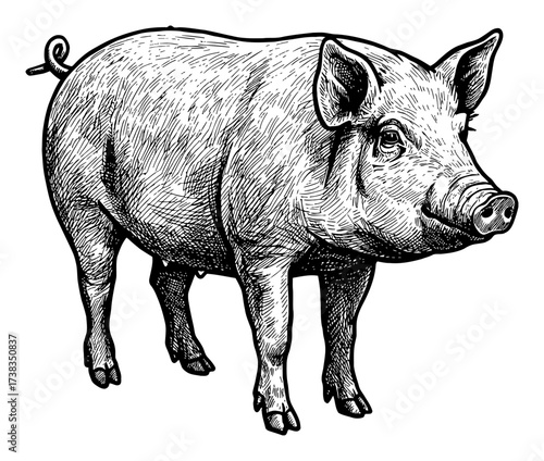 Detailed Pig Animal Standing Black and White Outline Line Art Drawing Vintage Engraving Style Isolated Object