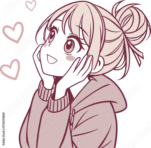 Vector illustration of a cute young woman with light brown hair styled in a loose bun with soft bangs and a few strands framing her face.