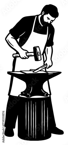 Blacksmith Hammering Metal on Anvil Silhouette Black and White Outline Line Art Drawing Vintage Style