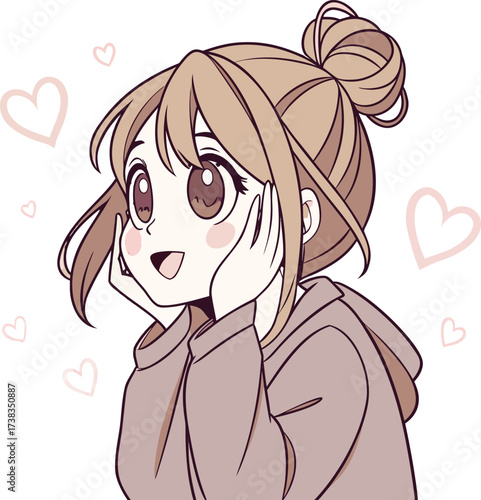 Vector illustration of a cute young woman with light brown hair styled in a loose bun with soft bangs and a few strands framing her face.