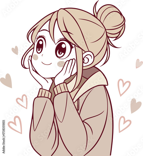 Vector illustration of a cute young woman with light brown hair styled in a loose bun with soft bangs and a few strands framing her face.