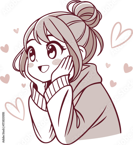 Vector illustration of a cute young woman with light brown hair styled in a loose bun with soft bangs and a few strands framing her face.