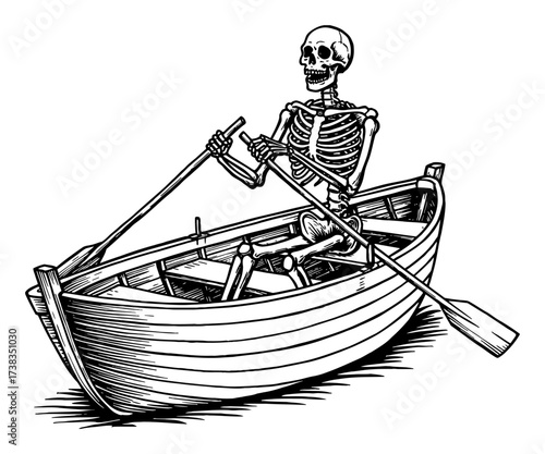 One Skeleton Rowing Boat Black and White Outline Line Art Drawing Vintage Engraving Style Isolated Object