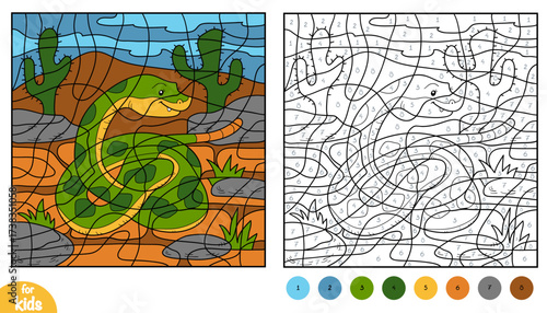 Cute snake on desert background color by number page for kids. Fun and educational activity game for preschool and kindergarten children to learn numbers and colors about zoo animals