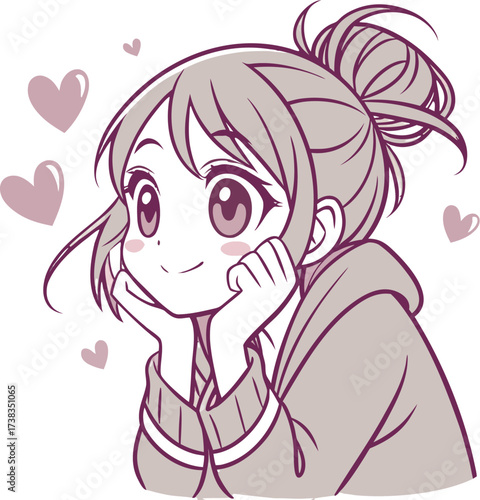 Vector illustration of a cute young woman with light brown hair styled in a loose bun with soft bangs and a few strands framing her face.
