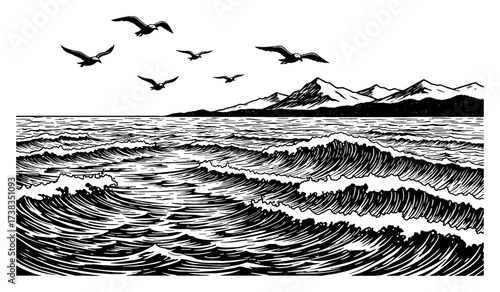 Sea Waves with Birds and Mountain Landscape Coloring Book Style Black and White Outline Line Art Drawing