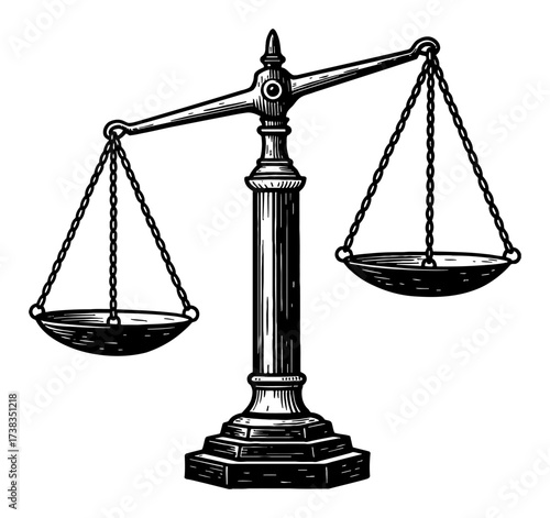 Detailed Justice Balance Scale Vintage Engraving Black and White Outline Line Art Drawing Vector Illustration