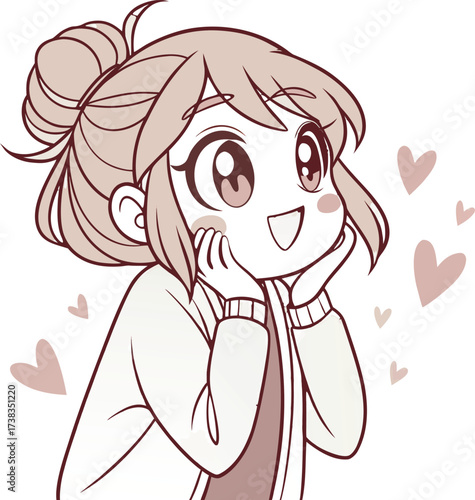 Vector illustration of a cute young woman with light brown hair styled in a loose bun with soft bangs and a few strands framing her face.