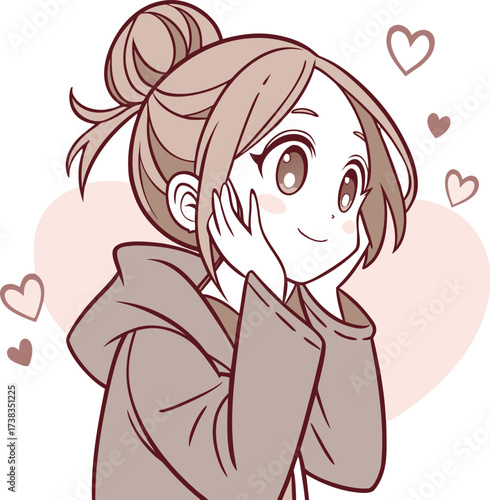 Vector illustration of a cute young woman with light brown hair styled in a loose bun with soft bangs and a few strands framing her face.