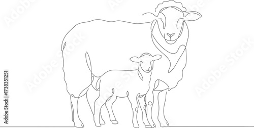 Minimalist Outline Continuous Line Art Sheep Family Animal Illustration