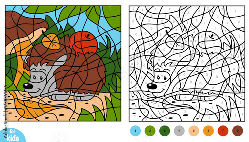Cute cartoon hedgehog with apples color by number page for kids. Educational activity game for preschool and kindergarten children to learn numbers and colors. Square worksheet about animals