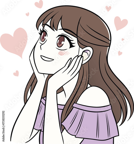 Vector illustration of a cute young woman with light brown hair styled in a loose bun with soft bangs and a few strands framing her face.