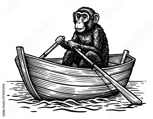 Funny Monkey Primate Rowing Small Wooden Boat on Water Surface Black and White Outline Line Art Drawing