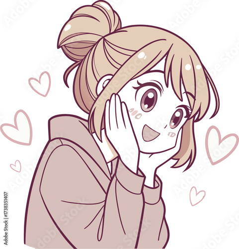 Vector illustration of a cute young woman with light brown hair styled in a loose bun with soft bangs and a few strands framing her face.