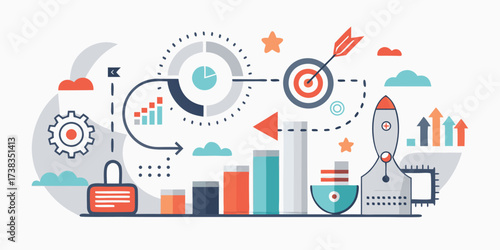 Business Target Concept. Vector illustration in flat style of a group of people in business suits jumping for joy against the background of a target with an accurate hit. Isolated on background 