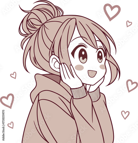 Vector illustration of a cute young woman with light brown hair styled in a loose bun with soft bangs and a few strands framing her face.