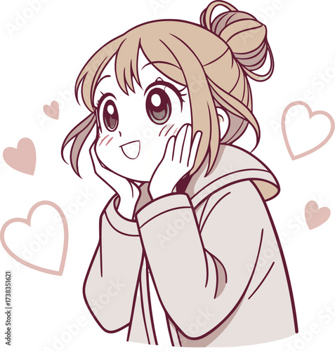 Vector illustration of a cute young woman with light brown hair styled in a loose bun with soft bangs and a few strands framing her face.