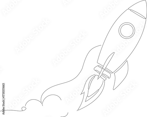Minimalist Outline Flying Rocket Ship with Flame Trail Simple Drawing