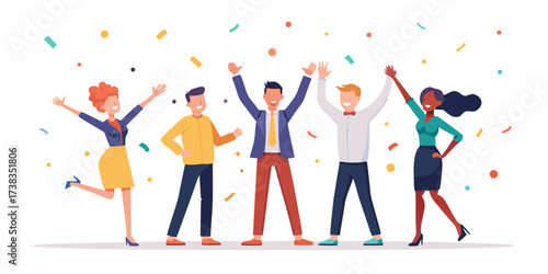 Business team of winners. Vector cartoon illustration in a flat style of a group of happy middle-aged people in business clothes in full length. Isolated on white