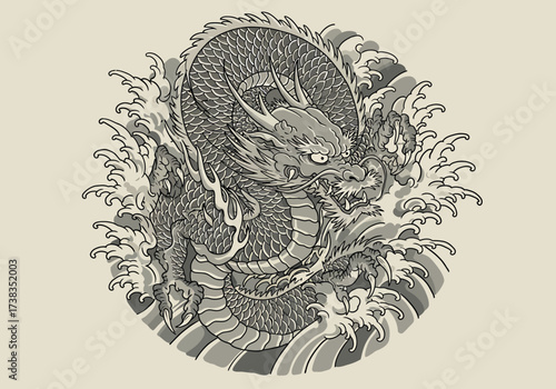 Intricate Dragon Illustration with Waves in Grayscale Tones.