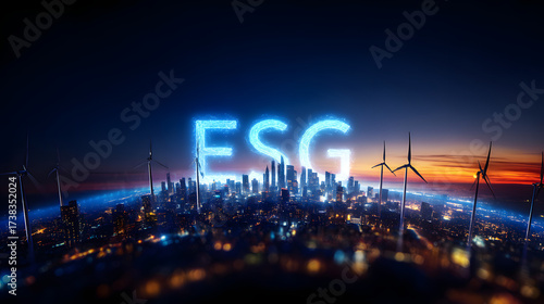 Futuristic city glowing skyline ESG renewable energy wind turbine sustainable green technology neon light climate finance vision blends optimism