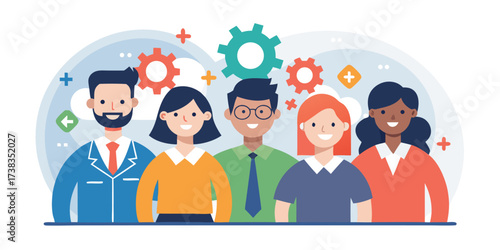 Business Improvement concept. Contemporary flat style abstract vector illustration of a group of diverse people with tools, troubleshooting a gear-shaped mechanism. Isolated on background.