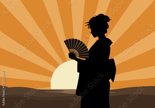Silhouette of a Geisha with Fan at Sunset.