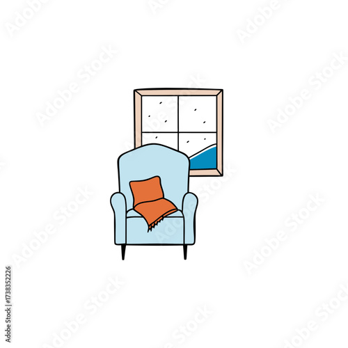 a cozy armchair by a window  looking out at a snow