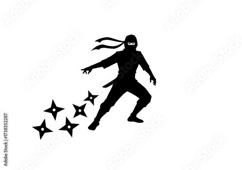 Silhouette of a Ninja Throwing Shurikens Wearing a Headband and Mask.