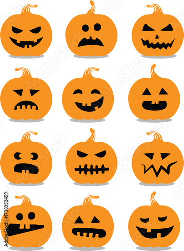 Twelve cartoon pumpkins with different carved faces expressing a variety of Halloween emotions arranged in a grid.
