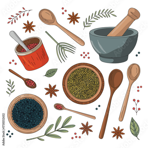 A colorful set of spices and herbs in wooden spoons including red chili powder and green herbs on a white background for cooking