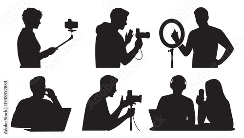 Set of silhouette content creator icons vector illustration of people recording videos and podcasts isolated on white background