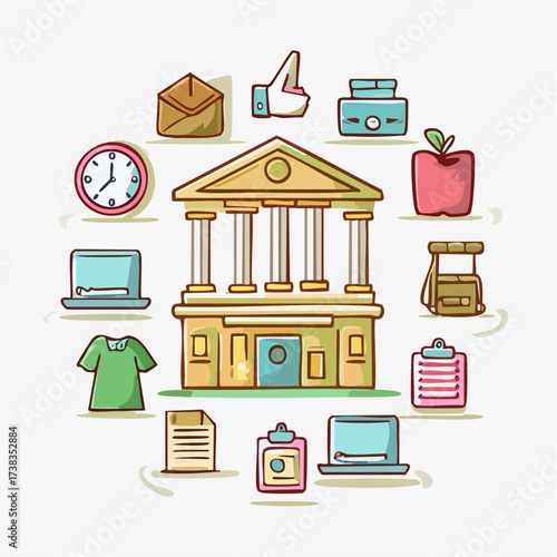 Bank and surrounding icons representing various concepts.