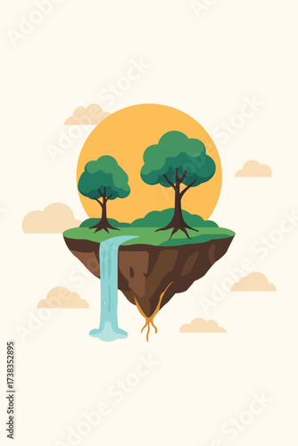 Tranquil island with waterfall flows between verdant trees under sunny backdrop, transparent background