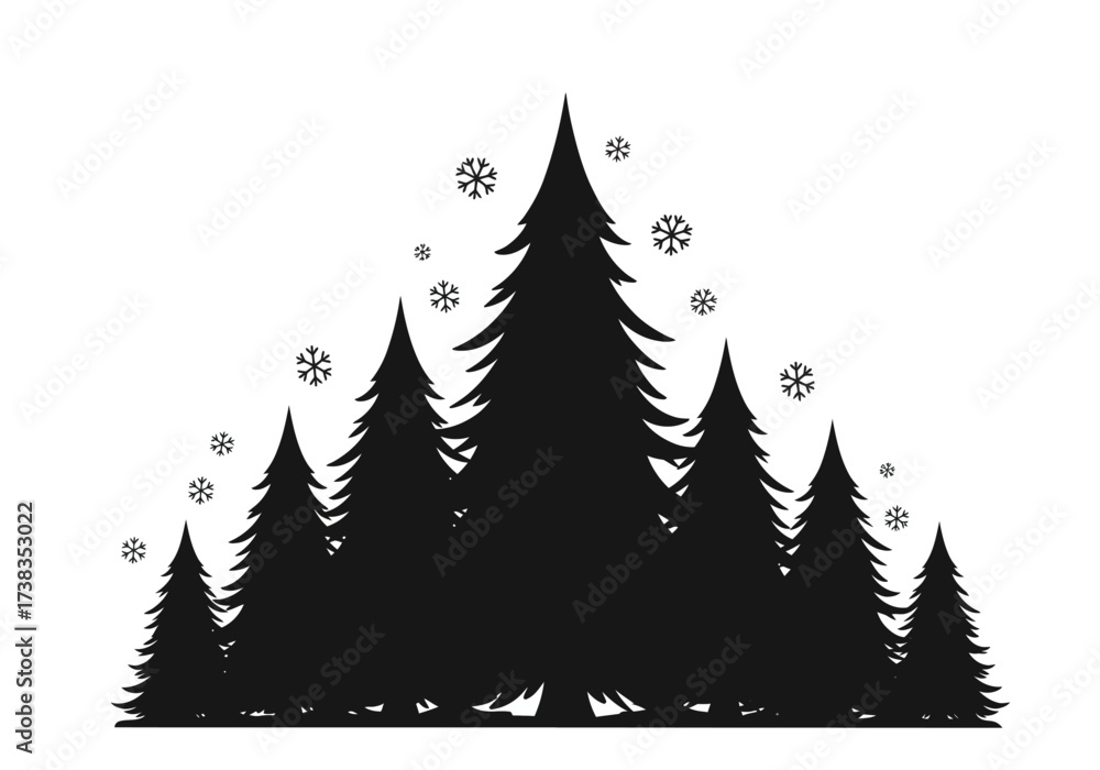 Fototapeta premium Silhouette of Evergreen Trees with Snowflakes Winter Forest Scene.