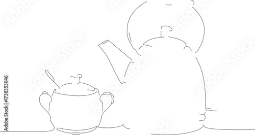 Minimalist Outline Line Drawing Teapot and Sugar Bowl Still Life Illustration