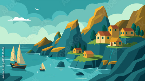 A small village nestled in a sheltered cove protected by towering cliffs and rocky outcroppings. The sea is calm here inviting for swimming and sailing.
