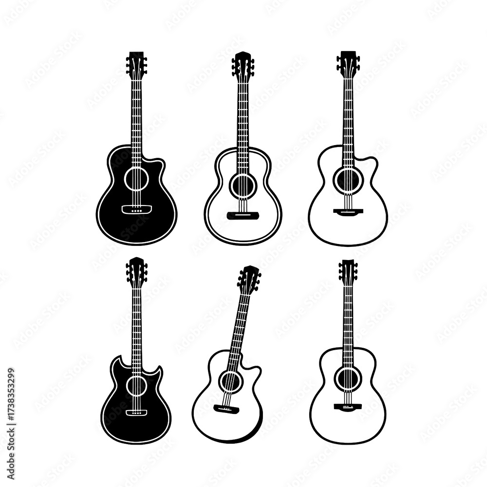 Fototapeta premium s Black and White Guitar Silhouettes Vector Illustration Set 