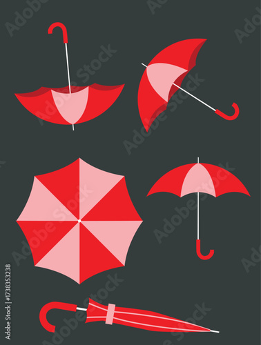 Five red and light pink umbrellas are displayed in different orientations against a dark gray background, showcasing various perspectives.