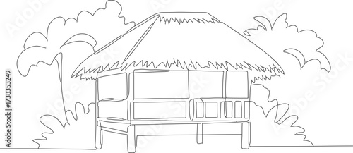 Minimalist Line Art Tropical Beach Hut Illustration with Palm Trees