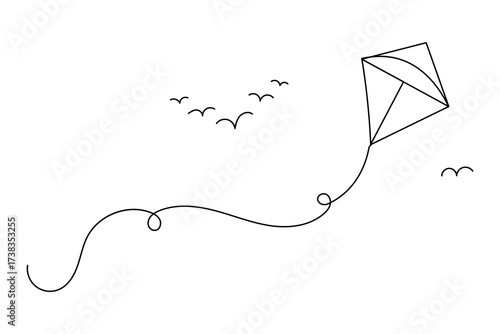 Minimalist one line art of kites flying in the sky with birds and a boy holding string. Simple outline sketch for design, print, and illustration