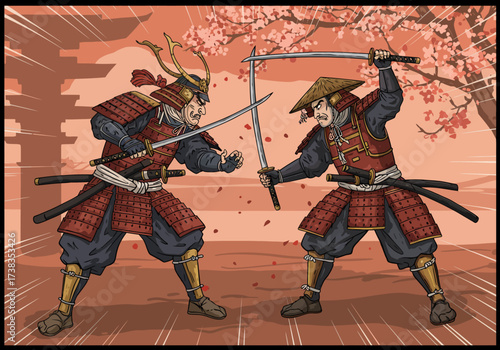 Two Samurai Warriors in Combat with Swords Under Cherry Blossoms.