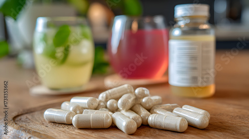 Probiotic capsule supplement wellness gut health natural yogurt kombucha beverage glass wooden table jar bottle nutrition daily routine healthy