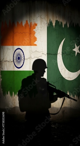 India and Pakistan - A Soldiers Shadow Amidst National Flags.